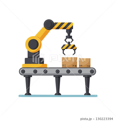 Industrial robotic arm lifting cardboard boxes on conveyor belt automation vector illustration 130223394