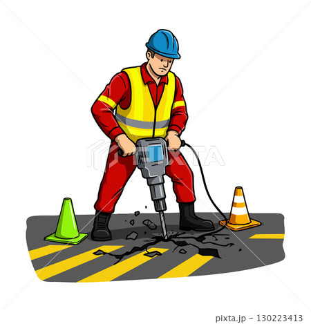 Construction worker using jackhammer on road with safety cones vector illustration Construction worker using jackhammer on road with safety cones vector illustration 130223413