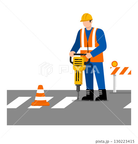 Construction worker using jackhammer on road with safety orange vest and helmet vector illustration Construction worker using jackhammer on road with safety orange vest and helmet vector illustration 130223415