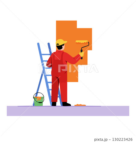 Painter Applying Orange Paint on Wall Using Roller in Red Overalls and Yellow Helmet 130223426