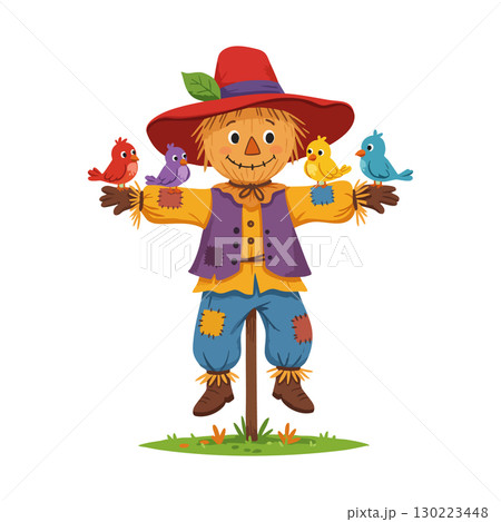 Scarecrow with colorful birds perched on arms vector illustration in countryside setting Scarecrow with colorful birds perched on arms vector illustration in countryside setting 130223448