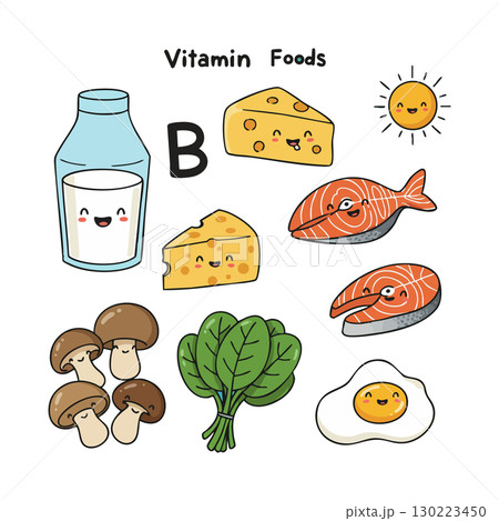 Vitamin B rich foods illustration with milk cheese fish spinach egg and mushrooms vector 130223450