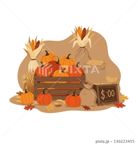 Autumn harvest pumpkins corn sacks fall seasonal decoration vector illustration Autumn harvest pumpkins corn sacks fall seasonal decoration vector illustration 130223455