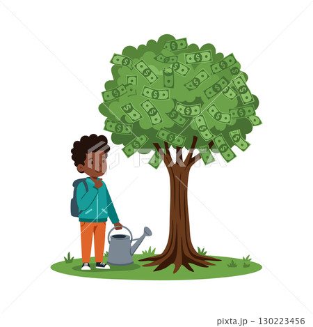 Money tree with boy holding watering can growing dollar bills concept vector illustration 130223456