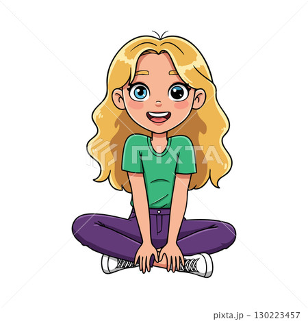 Blonde girl sitting cross legged smiling with casual green shirt and purple pants vector illustration 130223457