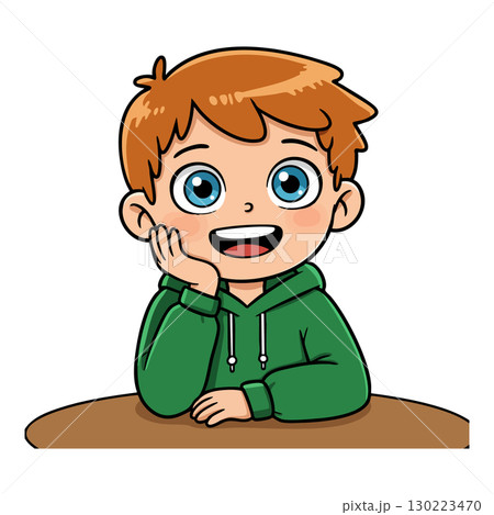 Happy boy with blue eyes and brown hair wearing green hoodie sitting at table vector illustration 130223470