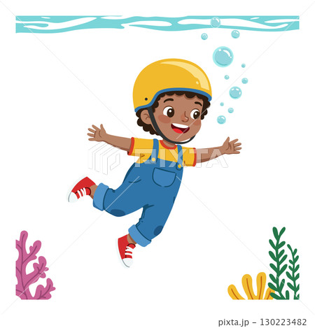 Boy wearing yellow helmet and red shoes diving underwater with coral plants vector illustration 130223482