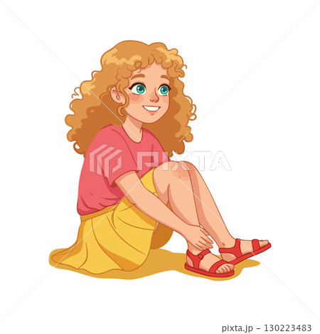 Young girl sitting putting on red sandals wearing yellow skirt and pink shirt vector illustration Young girl sitting putting on red sandals wearing yellow skirt and pink shirt vector illustration 130223483