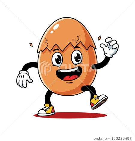 Cartoon cracked egg character with gloves and sneakers happy dancing vector illustration Cartoon cracked egg character with gloves and sneakers happy dancing vector illustration 130223497