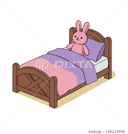 Wooden bed with pink and purple bedding and stuffed bunny toy on pillow vector illustration Wooden bed with pink and purple bedding and stuffed bunny toy on pillow vector illustration 130223498
