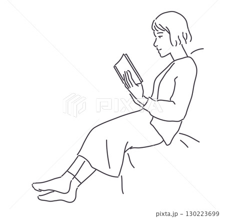 ソファで本を読む女性　線のみ 130223699