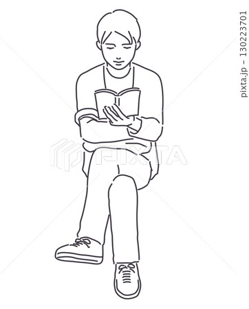 足を組んで本を読む男性　線のみ 130223701