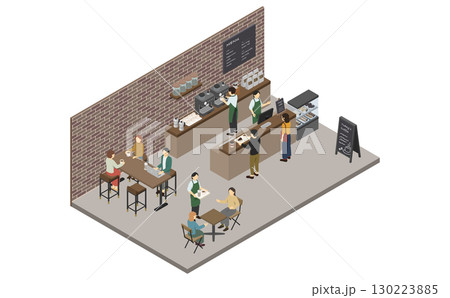 アイソメトリックイラスト：カフェ店内 130223885