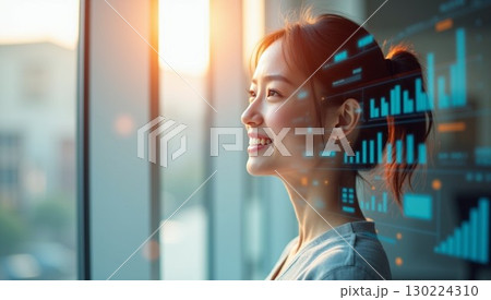 ビジネスアイコンとホログラフィックUIを組み合わせた女性のポートレート 130224310