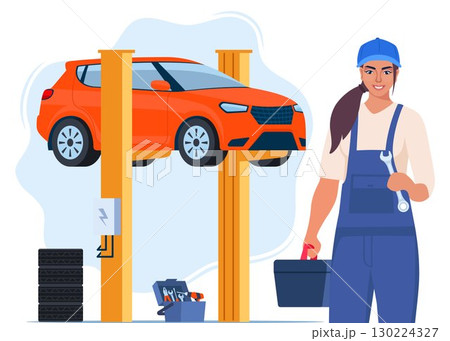 Car repair. Woman auto mechanic near the car lifted on autolifts. Car service and repair, diagnostics. Auto service. Vector illustration. Car repair. Woman auto mechanic near the car lifted on autolifts. Car service and repair, diagnostics. Auto service. Vector illustration. 130224327