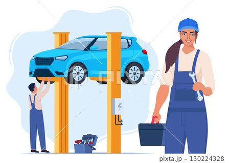 Car repair. Woman auto mechanic near the car lifted on autolifts. Car service and repair, diagnostics. Auto service. Vector illustration. Car repair. Woman auto mechanic near the car lifted on autolifts. Car service and repair, diagnostics. Auto service. Vector illustration. 130224328