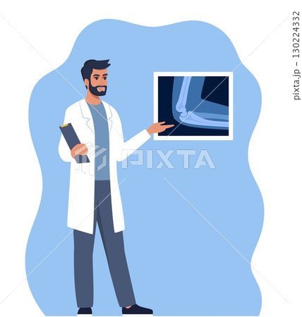 Doctor presenting human xray shot, gives a training lecture about anatomy. Xray scan of elbow joint. Medical seminar, lecture. Vector illustration. 130224332