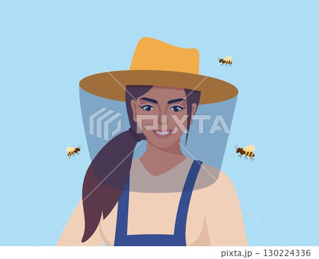 Woman portrait in hat with protective fine mesh. Honey bee. Beekeeping. Houses for bees, beehives. Get honey. Vector illustration. Woman portrait in hat with protective fine mesh. Honey bee. Beekeeping. Houses for bees, beehives. Get honey. Vector illustration. 130224336