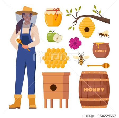 Beekeeping set. Beekeeper woman character, beehive, bee, honeycombs, honey jar, dipper, barrel flowers. Healthy sweet syrup. Beekeeping farm. Honey bee farming business. Vector illustration. 130224337