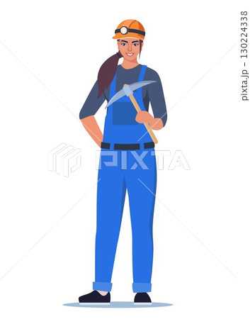 Miner woman character, coal or minerals mining, Girl worker in uniform with pickaxe stands tall. Extraction Industry Profession Working. Vector Illustration. 130224338