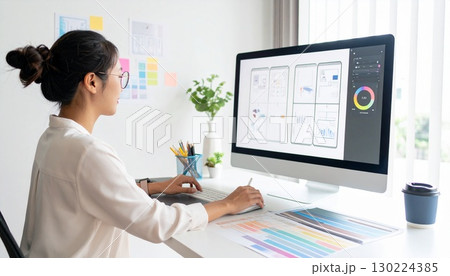 団子ヘアで丸い眼鏡をかけた女性Webデザイナーの後姿 団子ヘアで丸い眼鏡をかけた女性Webデザイナーの後姿 130224385