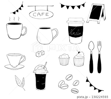 カフェ系アイテムの手描きスケッチセット 130224593