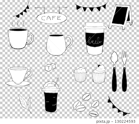 カフェ系アイテムの手描きスケッチセット 130224593