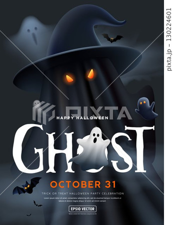 Happy Halloween ghost text, Scary ghost wearing a hat, bat flying poster design on cloud black background 130224601