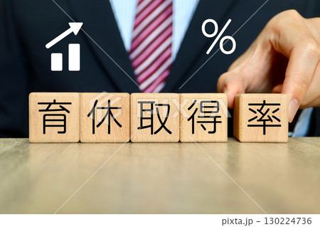 男性の育休取得率を示す木製ブロックとビジネスイメージ 男性の育休取得率を示す木製ブロックとビジネスイメージ 130224736