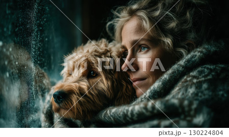 Cozy woman and dog wrapped in wool blanket gazing out rainy window, creating serene and contemplative atmosphere 130224804