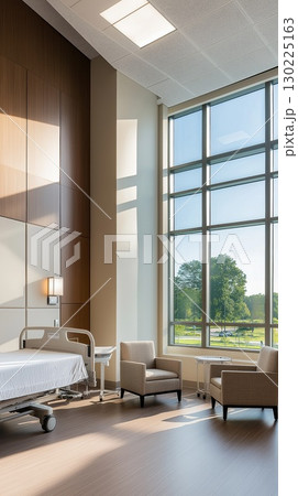 Empty hospital room bathed in sunlight featuring a comfortable bed, seating area, and large windows offering a serene view of nature, promoting healing and well being 130225163