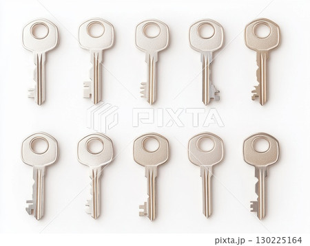 Metal keys lined up symmetrically on pristine surface, highlighting precision, security, and potential for unlocking multiple opportunities 130225164
