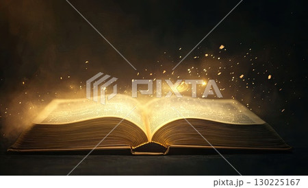 Magical book glowing with golden light, releasing stardust against dark background, evoking mystical fantasy storytelling essence 130225167