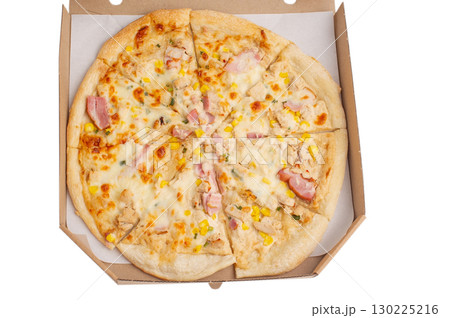 Pizza in a paper box isolated on a white background. 130225216