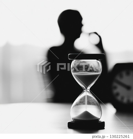 Hourglass standing on wooden surface, blurred professional working nearby, symbolizing time pressure and business workflow constraints 130225261