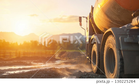 Concrete mixer truck departing muddy construction site during golden sunset, highlighting day's progress and construction workflow 130225264