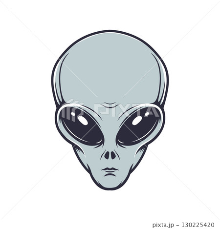 Illustration of alien head in engraving style. Design element for emblem, poster, card, banner, badge. Ufo. Vector illustration Illustration of alien head in engraving style. Design element for emblem, poster, card, banner, badge. Ufo. Vector illustration 130225420