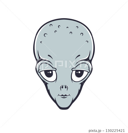 Illustration of alien head in engraving style. Design element for emblem, poster, card, banner, badge. Ufo. Vector illustration 130225421