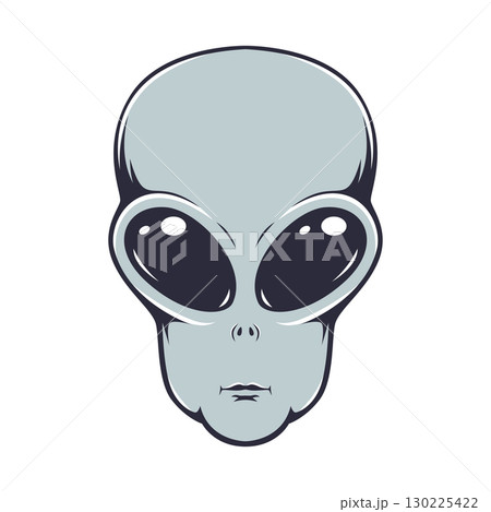 Illustration of alien head in engraving style. Design element for emblem, poster, card, banner, badge. Ufo. Vector illustration 130225422