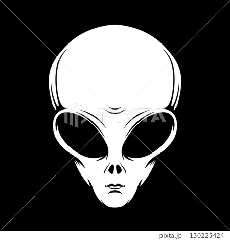 Illustration of alien head in engraving style. Design element for emblem, poster, card, banner, badge. Ufo. Vector illustration 130225424