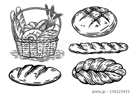 Set of hand drawn bread design elements. Bakery. Vector illustration 130225433