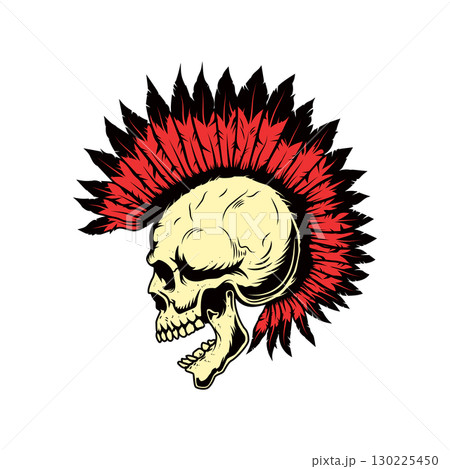 Illustration of a skull of native american with punk hairstyle . Design element for poster, emblem, sign, badge. Vector illustration 130225450
