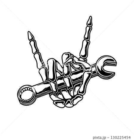 Illustration of a skeleton hand with mechanic's wrench. Vector design element 130225454