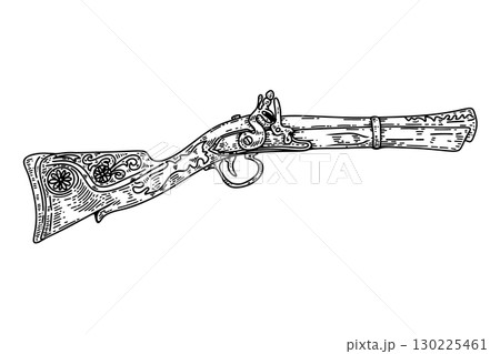 Hand drawn illustration of an old gun, mushket. Vector illustration Hand drawn illustration of an old gun, mushket. Vector illustration 130225461