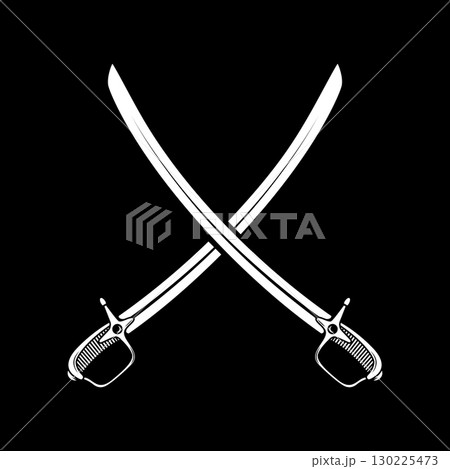 Crossed ancient sabers. Design element for emblem, sign, badge. Vector illustration 130225473