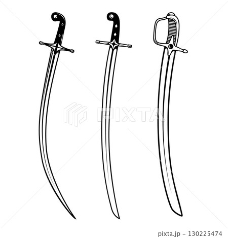 Set of ancient sabers. Design element for emblem, sign, badge. Vector illustration Set of ancient sabers. Design element for emblem, sign, badge. Vector illustration 130225474