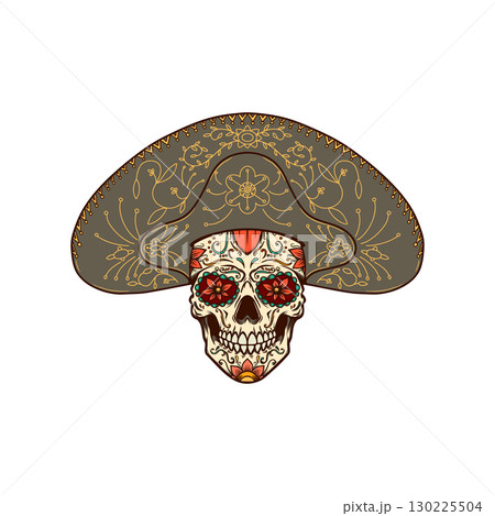 Illustration of mexican sugar skull in traditional sombrero. Day of the dead. Dia de los muertos. Vector illustration Illustration of mexican sugar skull in traditional sombrero. Day of the dead. Dia de los muertos. Vector illustration 130225504
