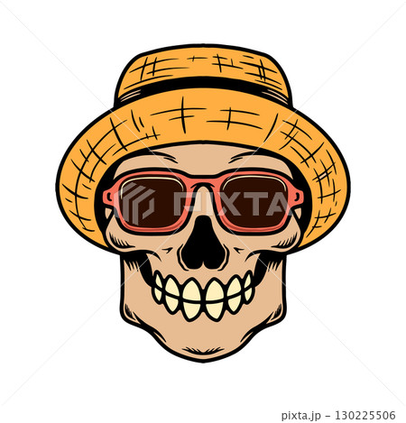 Illustration of skull in sunglasses and straw hat. Summer theme. Vector illustration Illustration of skull in sunglasses and straw hat. Summer theme. Vector illustration 130225506