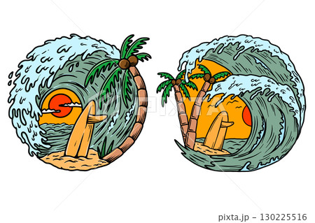 Surfing deck, wave and tropical beach. Design element for poster, card, banner. 130225516