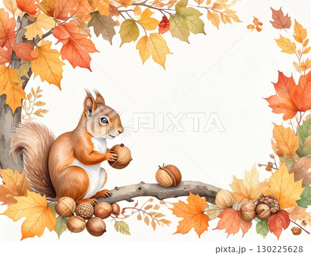 秋の紅葉とリスと落ち葉 130225628